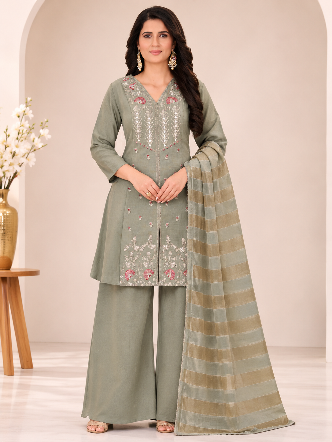 Women's Embroidered Kurta Set with Palazzo & Dupatta