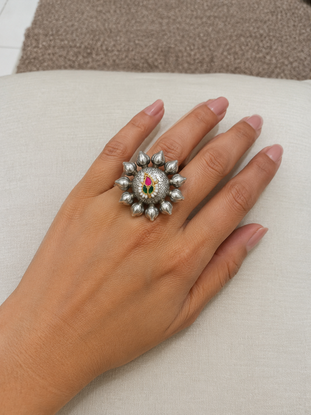 German Silver Toned Floral Ring with Stone Accents