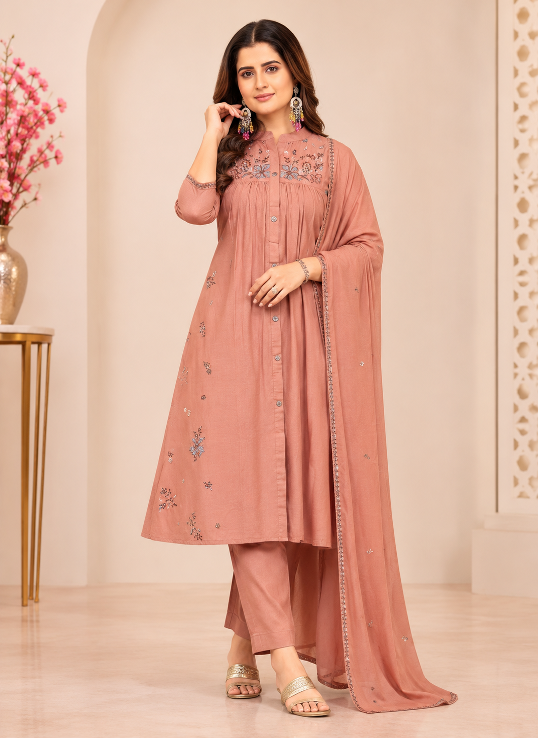 Women's Embroidered Peach Kurta Set