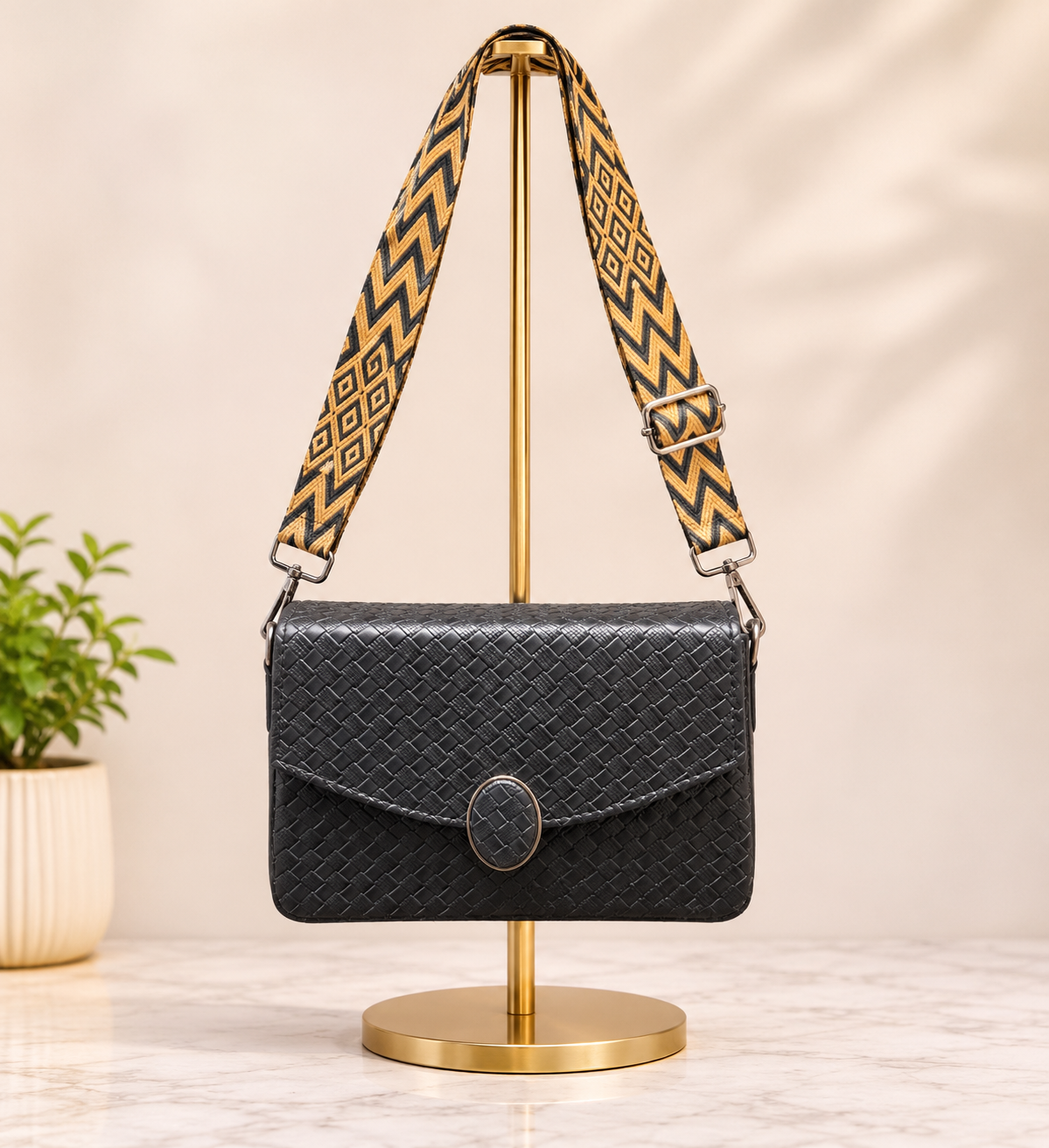 Black Woven Texture Crossbody Bag with Patterned Strap
