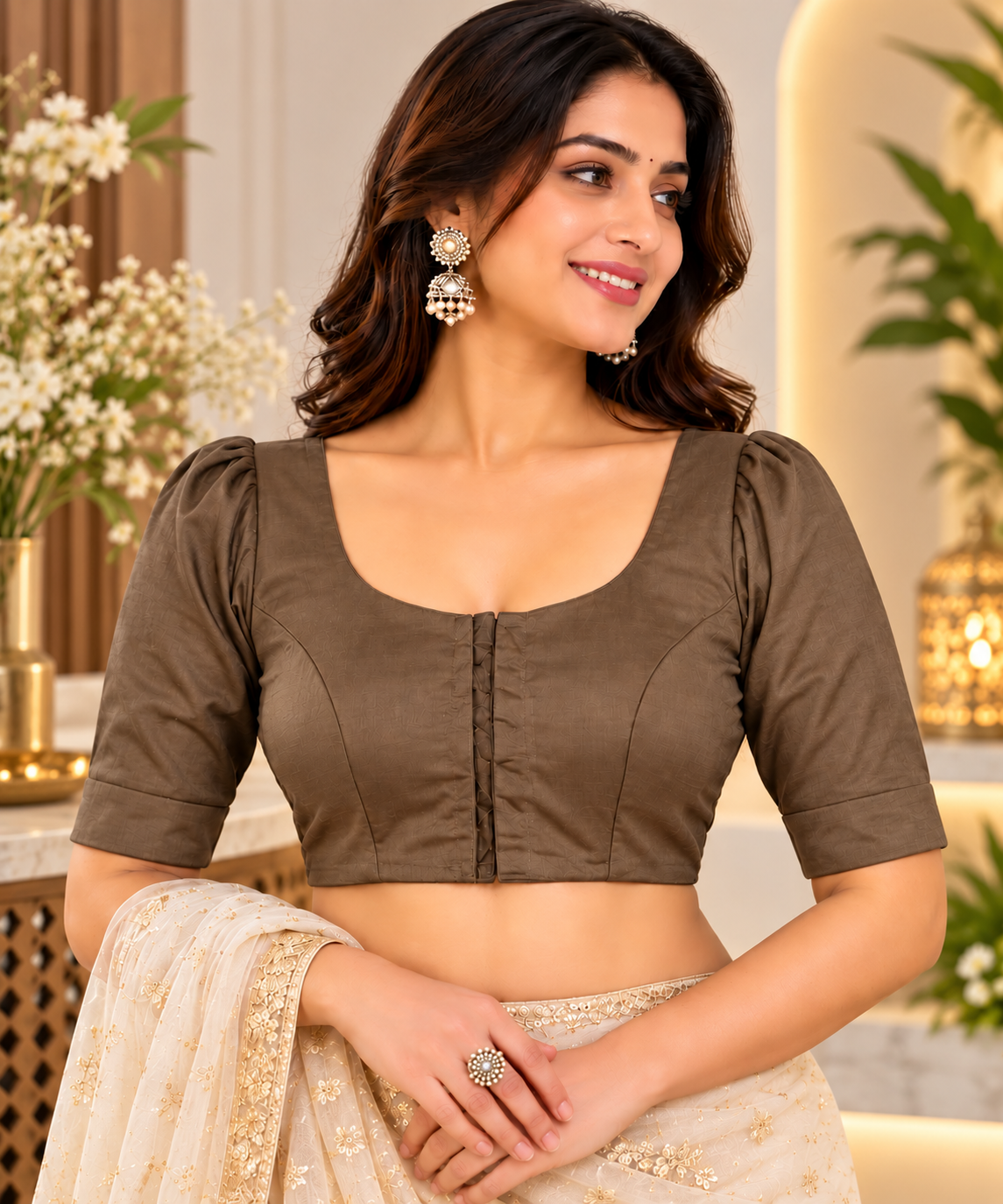 Women's Dark Brown Puffed Sleeve Blouse