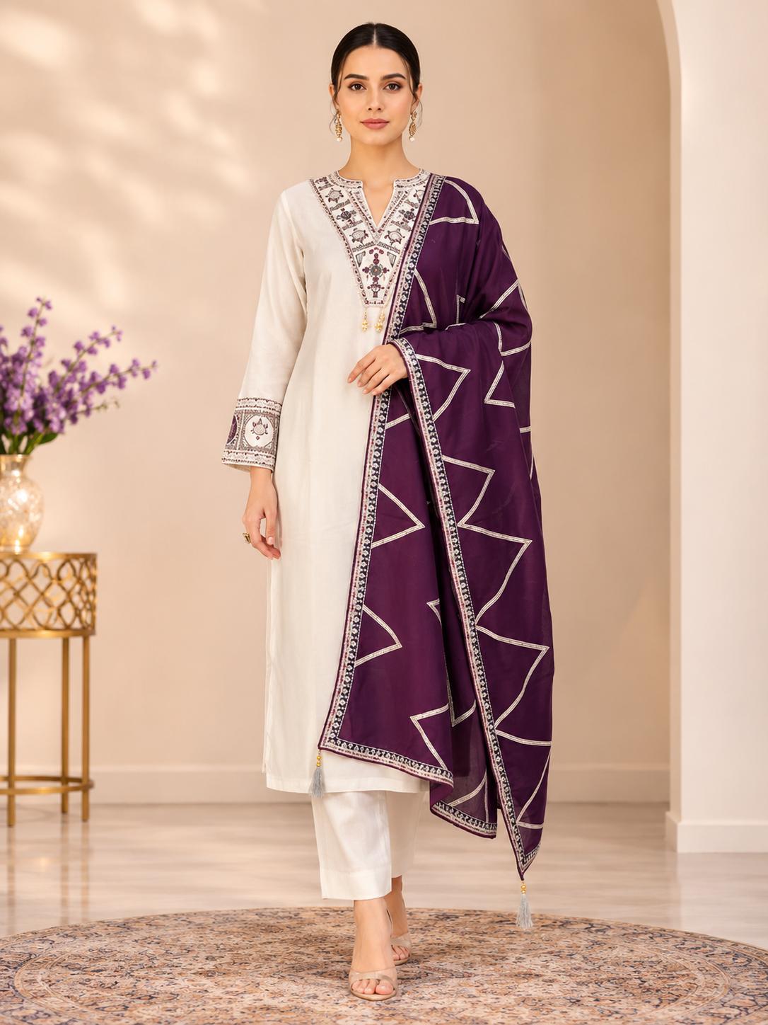 Women's Embroidered Kurta Set with Purple Dupatta