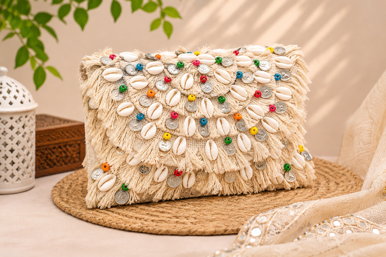Boho Shell and Coin Embellished Fringe Clutch Bag