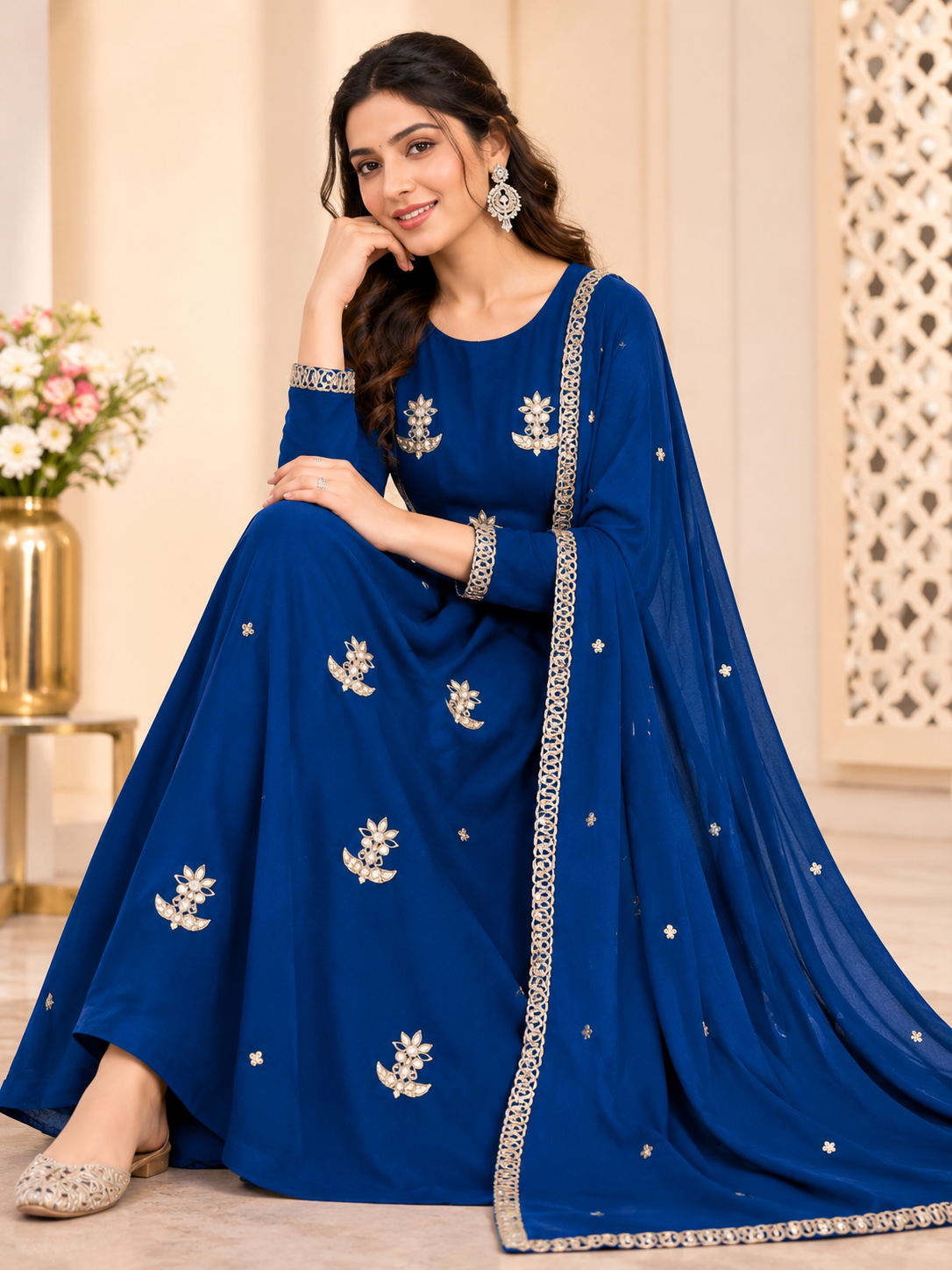 Women's Embroidered Blue Chiffon Kurta Dress