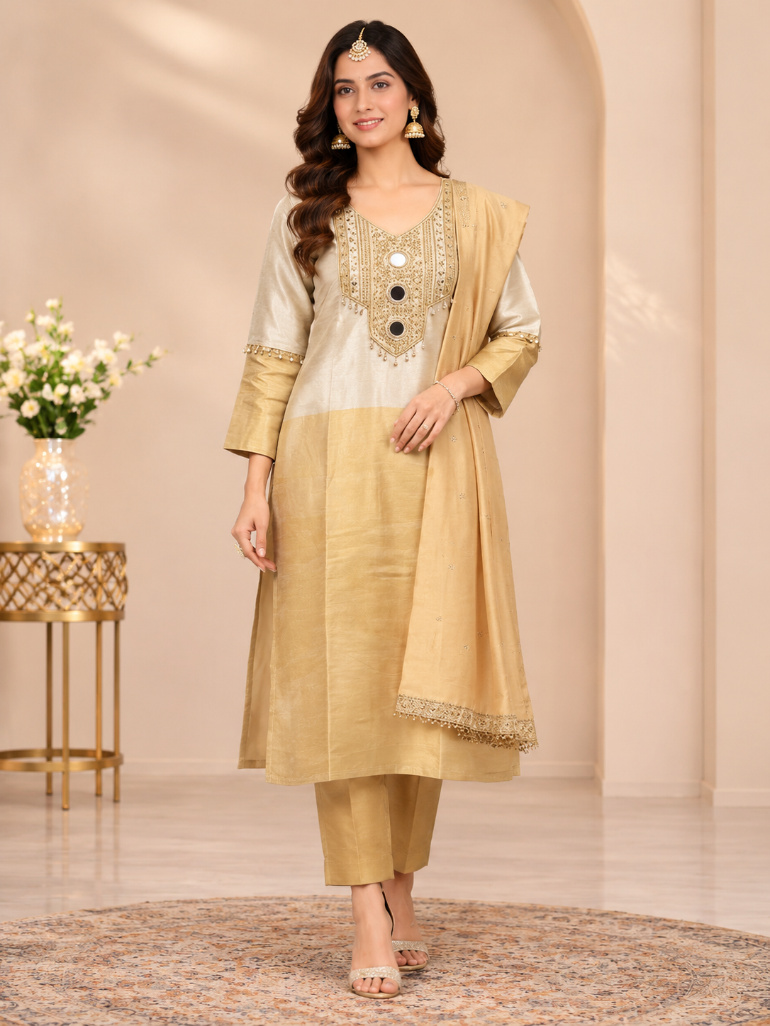 Women's Embroidered Mirror Work Kurta Set