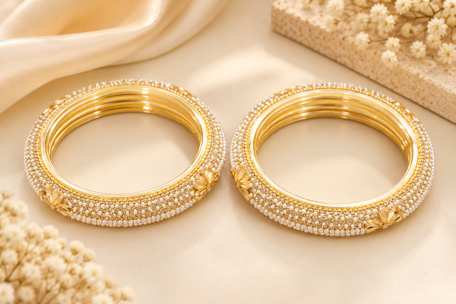 Golden Pearl and Stone Embellished Bangles (Set of 2)