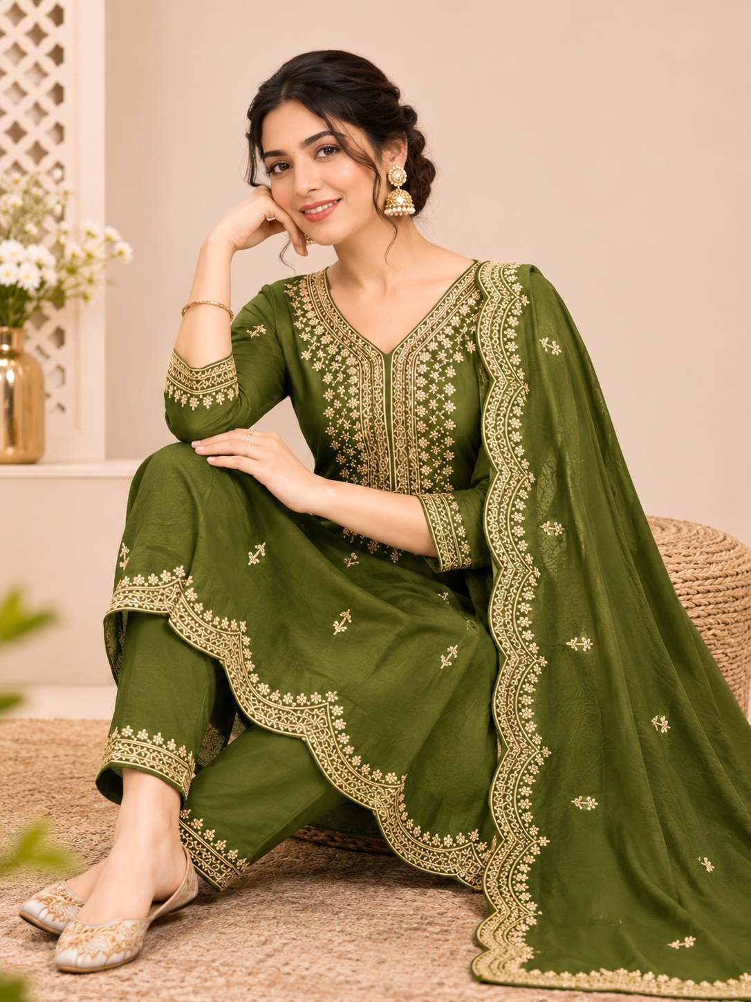 Women's Embroidered Olive Green Kurta Set