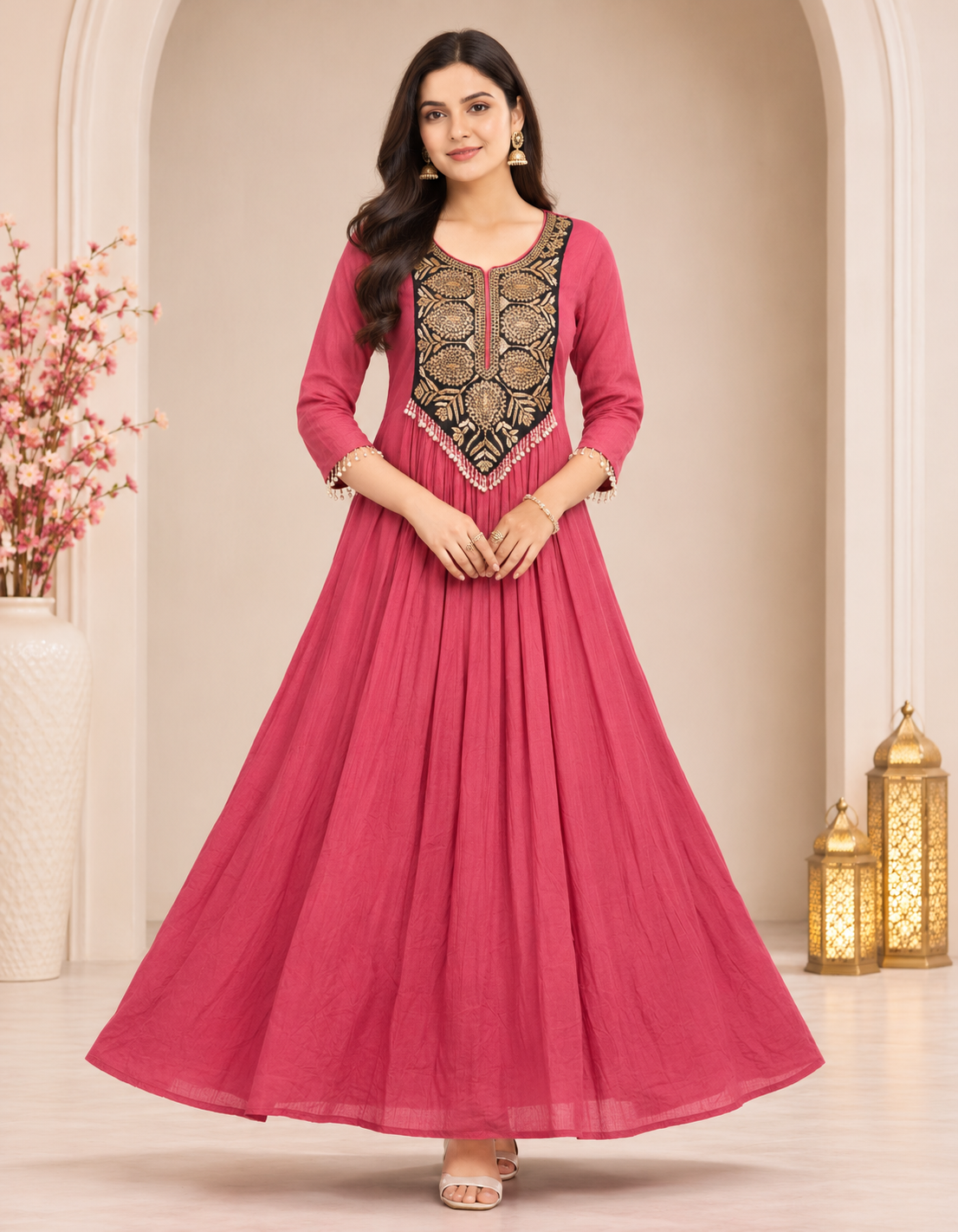 Women's Embroidered Pink Kurta with Beadwork