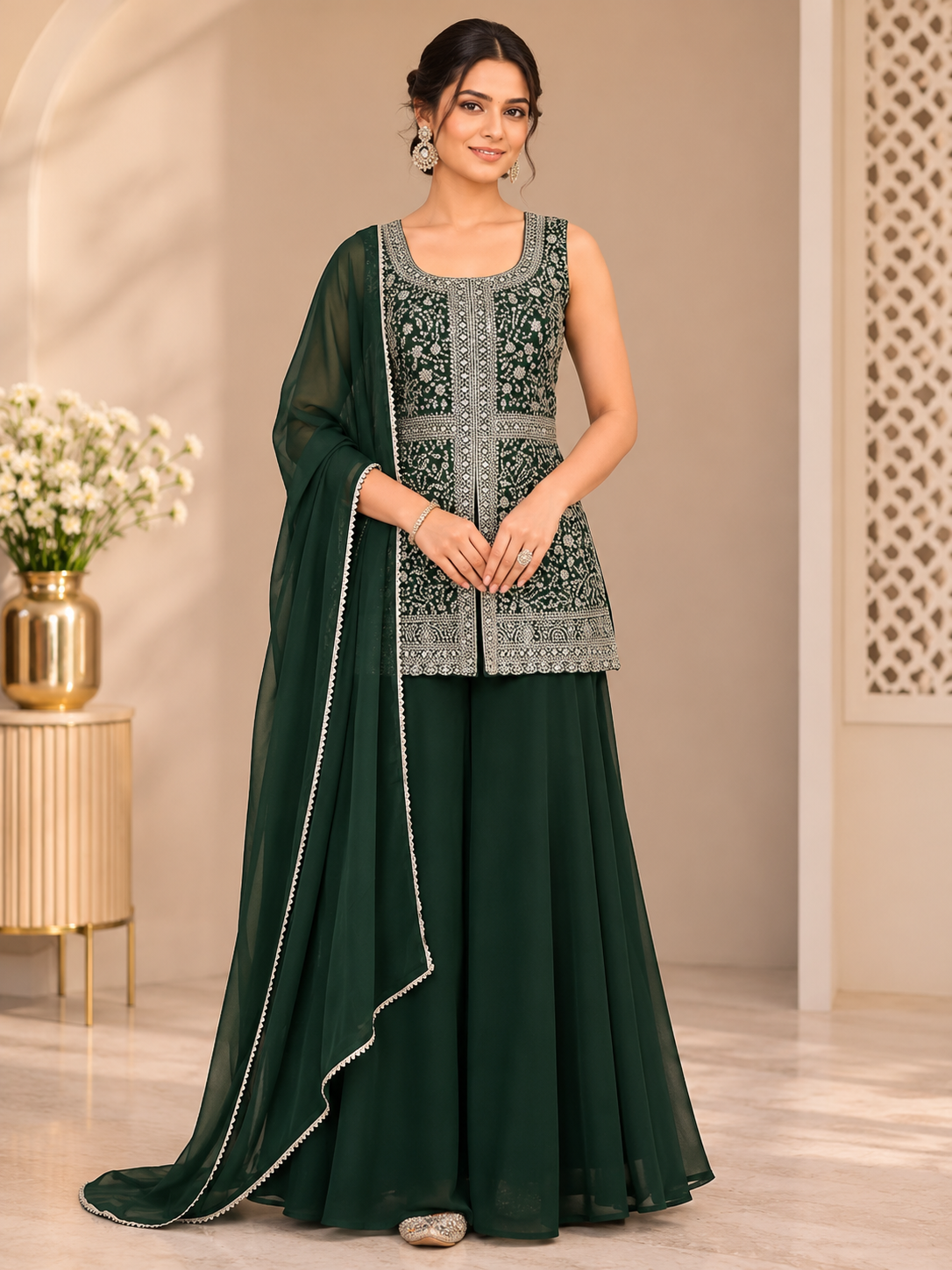 Women's Embroidered Short Kurti with Palazzo & Dupatta Set