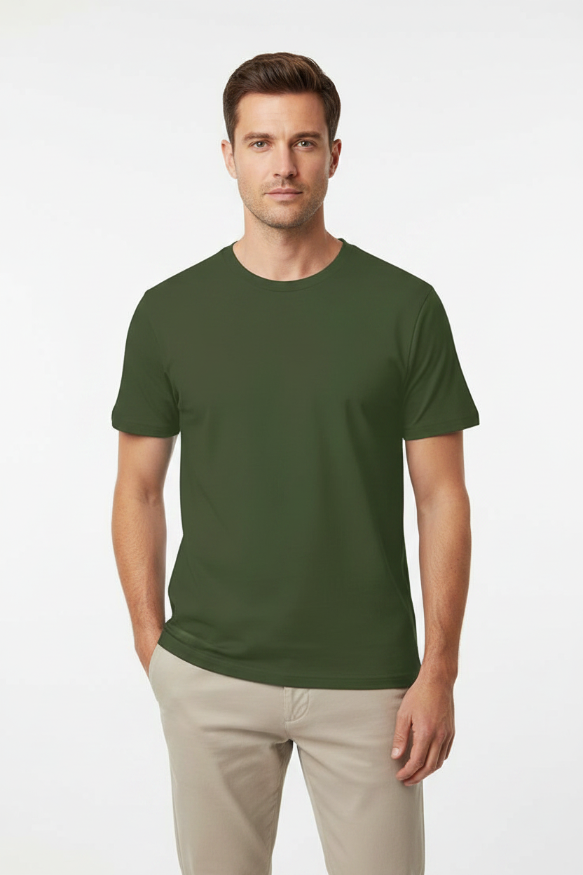 Unisex Solid Olive Green Crew Neck T-Shirt