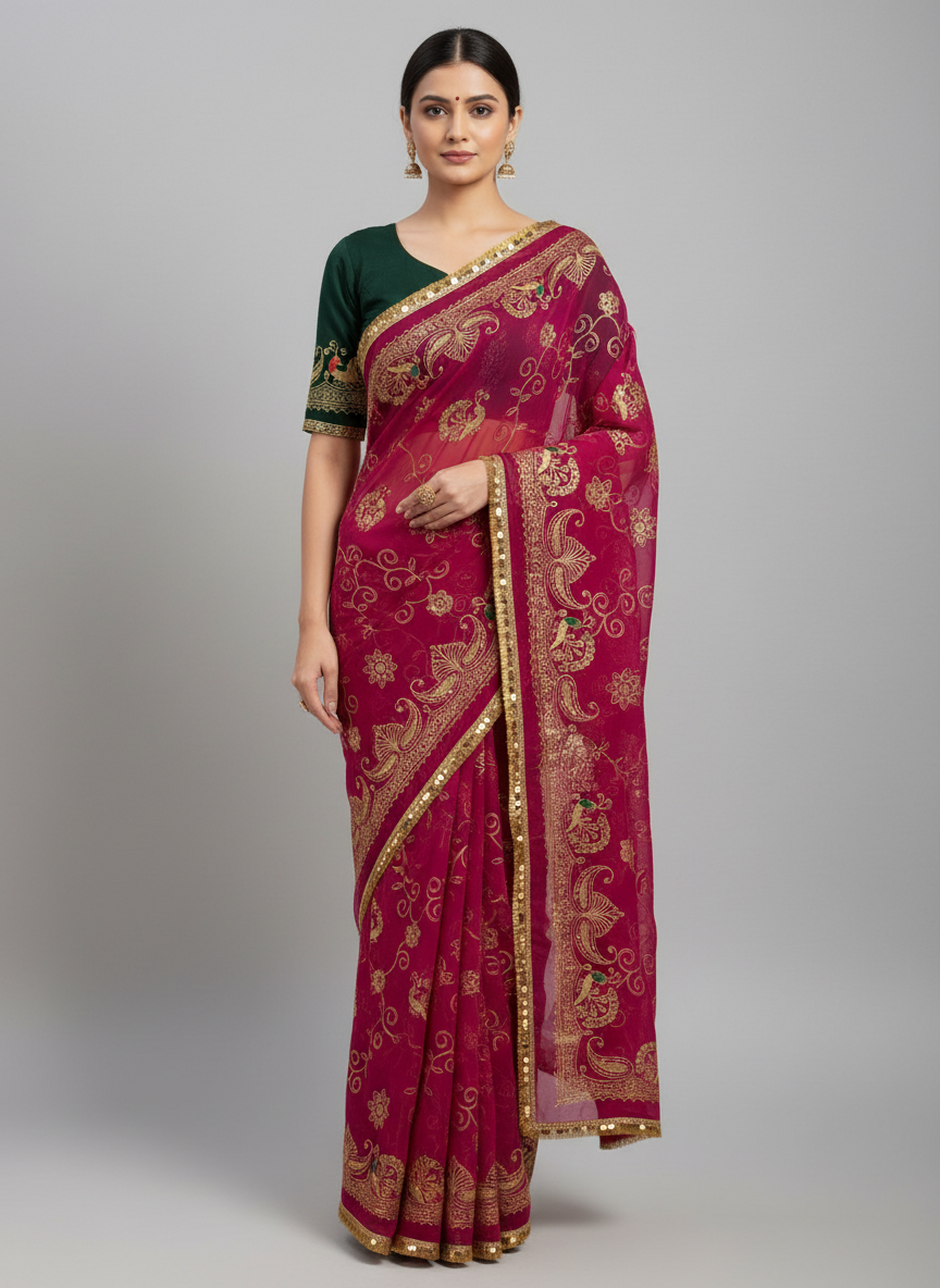 Rani Pink Embroidered Dupatta with Green Fabric