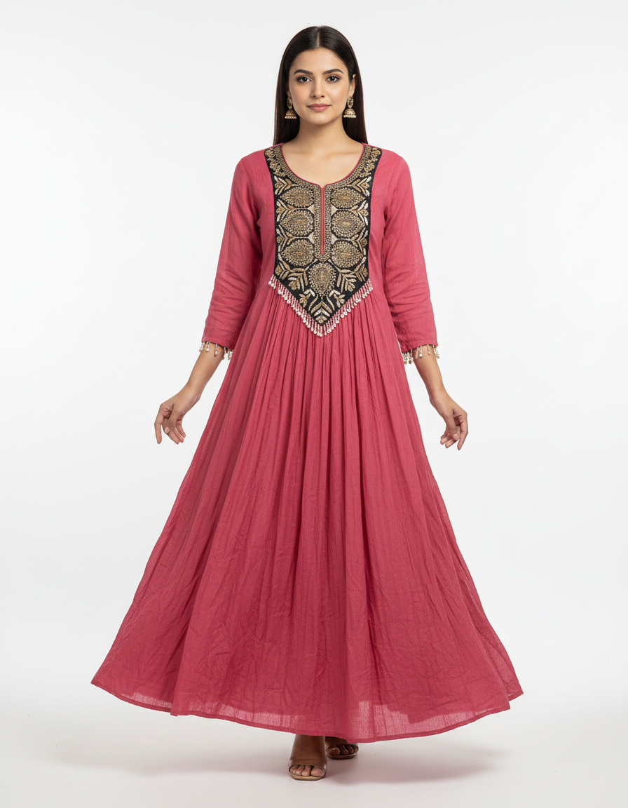 Women's Embroidered Pink Kurta with Beadwork