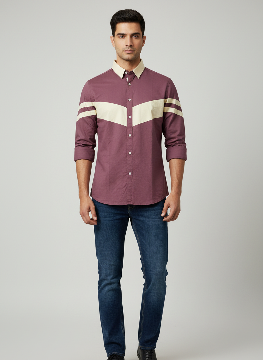 Men's Plum & Cream Striped Casual Shirt