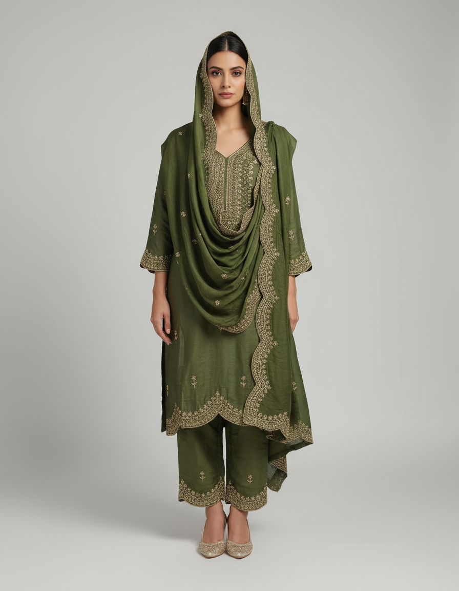 Women's Embroidered Olive Green Kurta Set