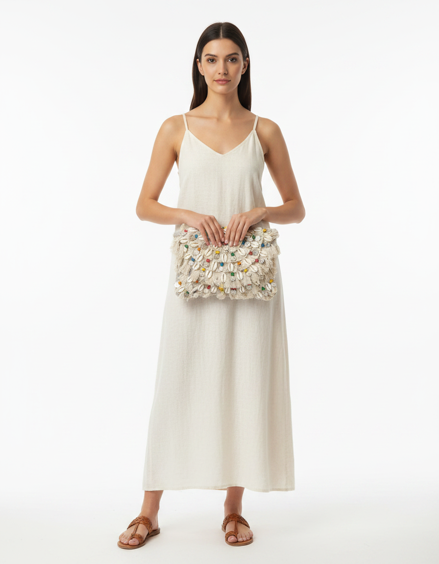 Boho Shell and Coin Embellished Fringe Clutch Bag