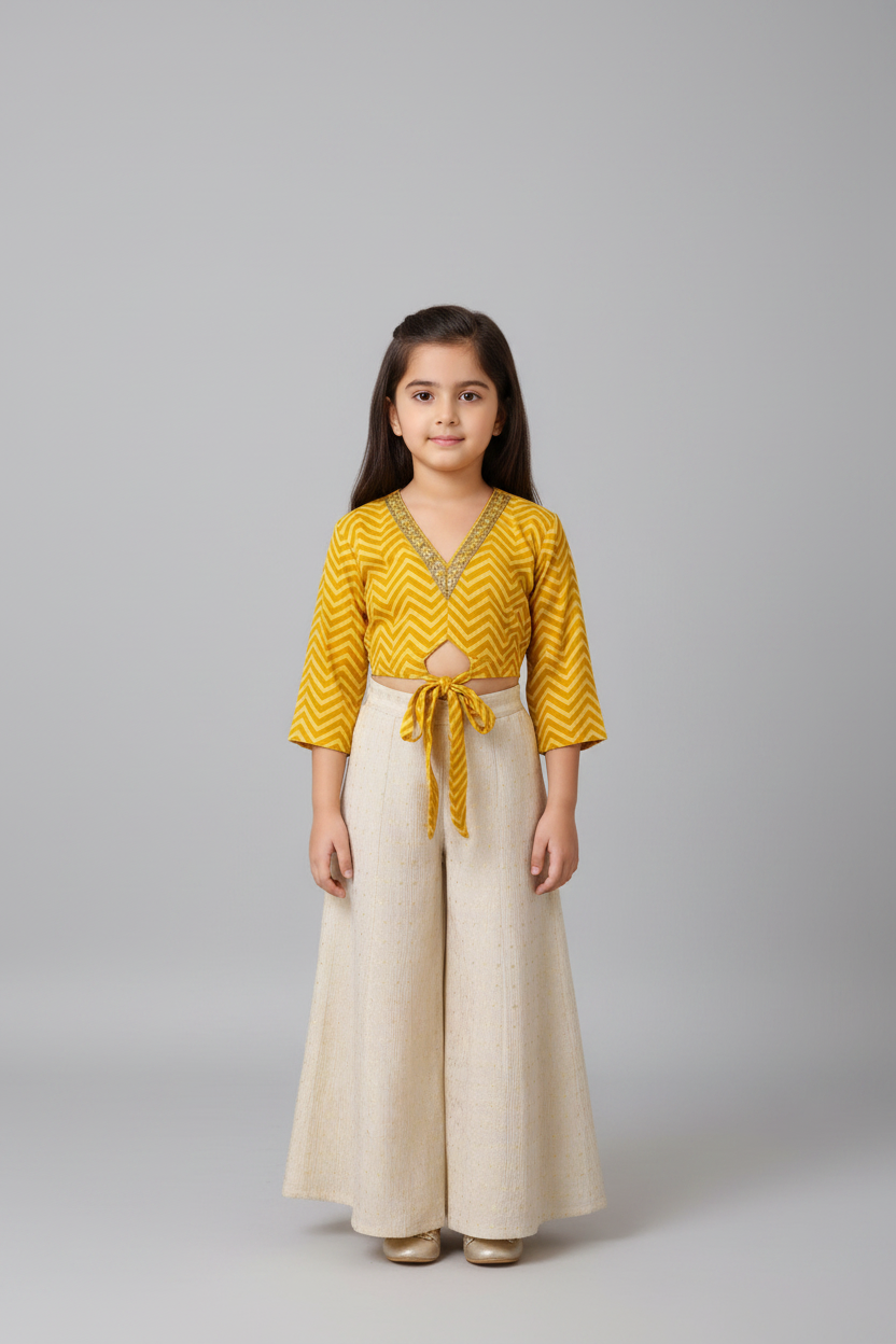 Women's Yellow Chevron Crop Top & Beige Palazzo Set