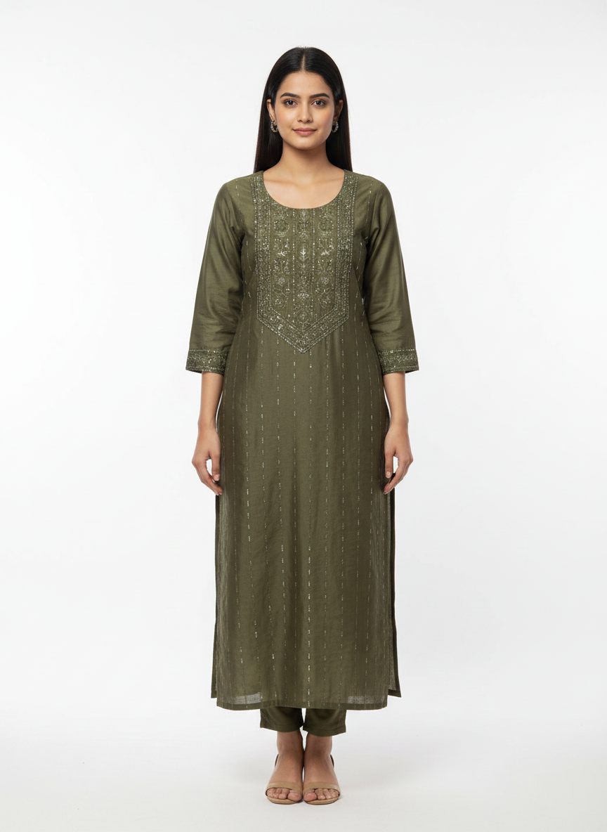 Women's Olive Green Sequin Embroidered Kurta