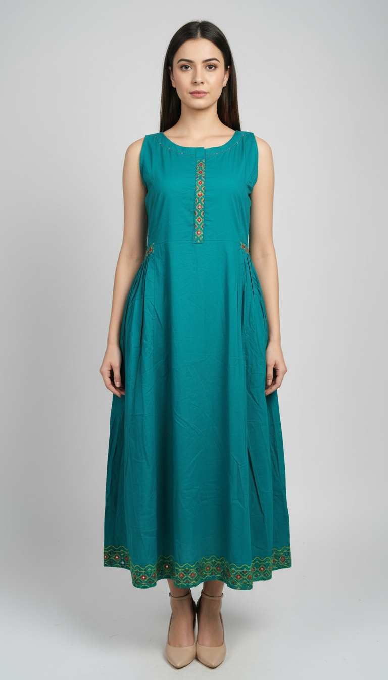 Women's Embroidered Teal A-line Kurti Dress