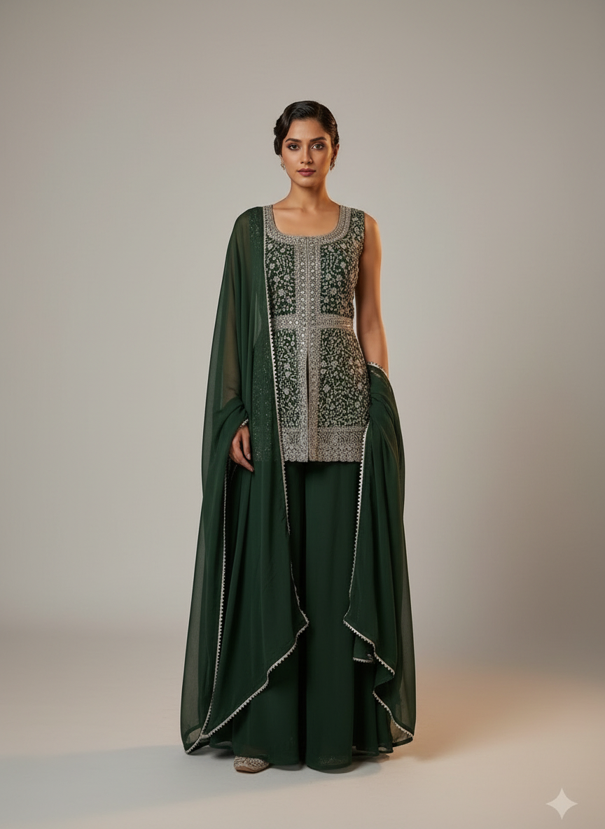 Women's Embroidered Short Kurti with Palazzo & Dupatta Set