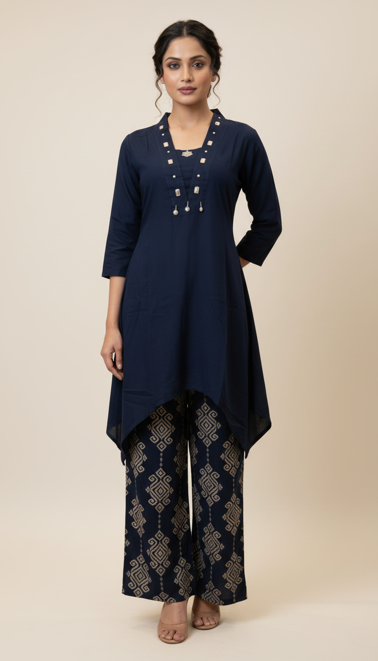 Women's Navy Blue Asymmetrical Tunic & Printed Palazzo Set