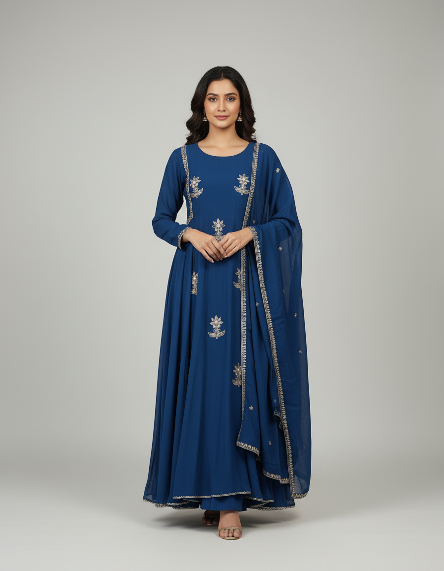 Women's Embroidered Blue Chiffon Kurta Dress