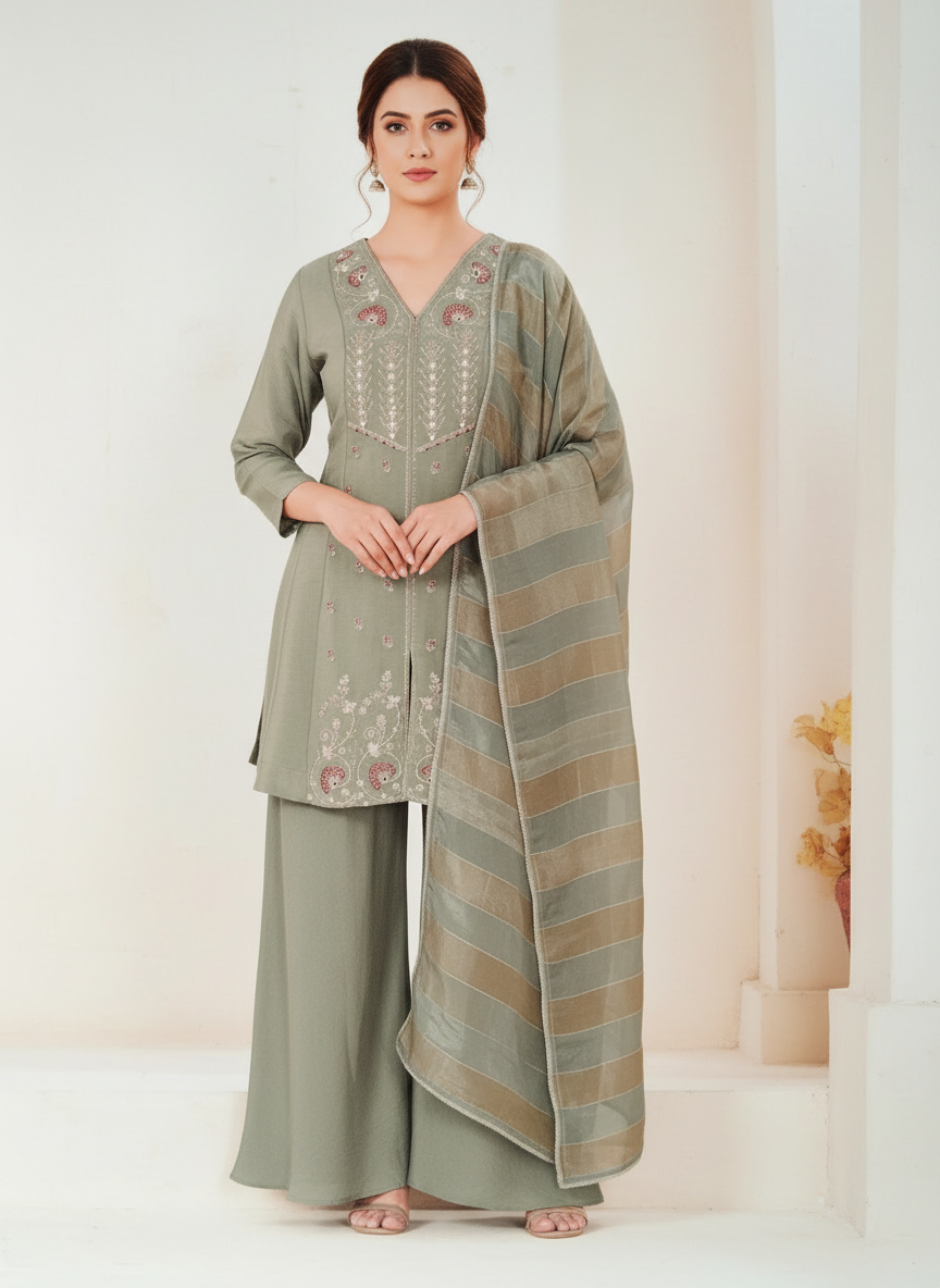 Women's Embroidered Kurta Set with Palazzo & Dupatta