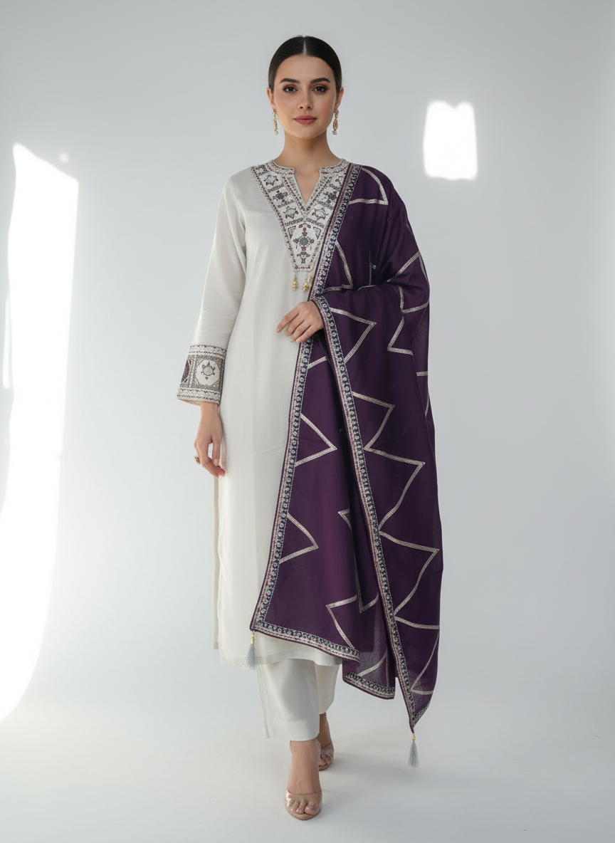 Women's Embroidered Kurta Set with Purple Dupatta