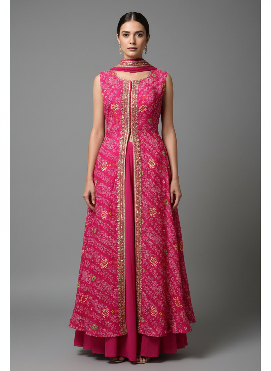 Women's Fuchsia Pink Bandhani Print Anarkali Gown Set