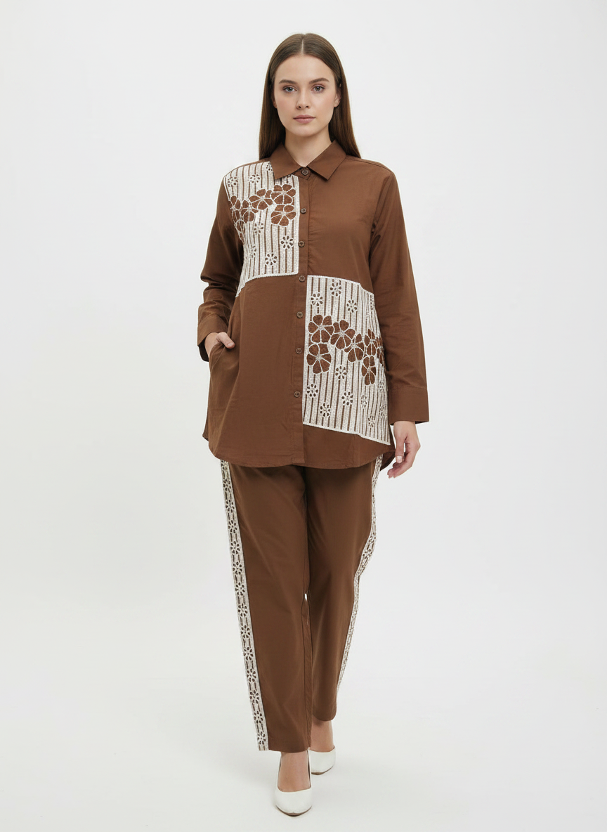 Women's Embroidered Brown Shirt and Pant Set