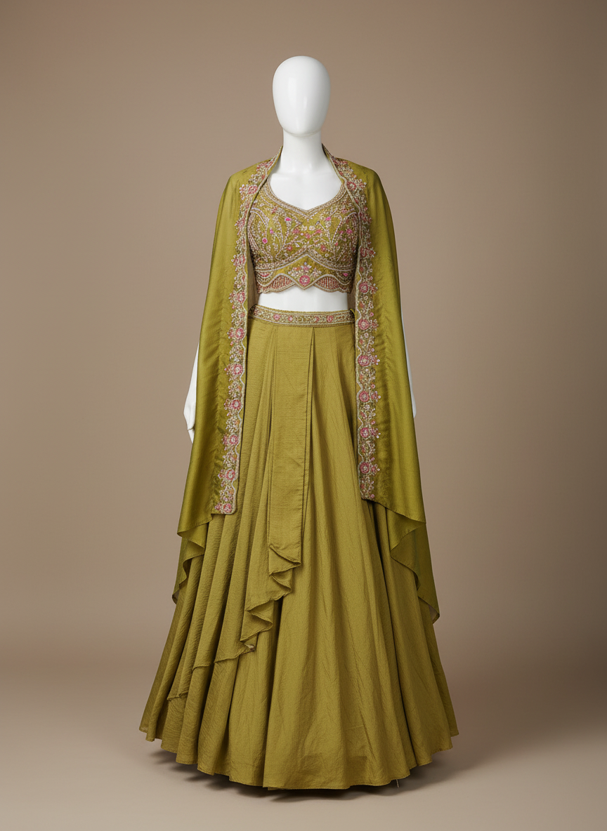 Women's Embroidered Olive Green Lehenga Set