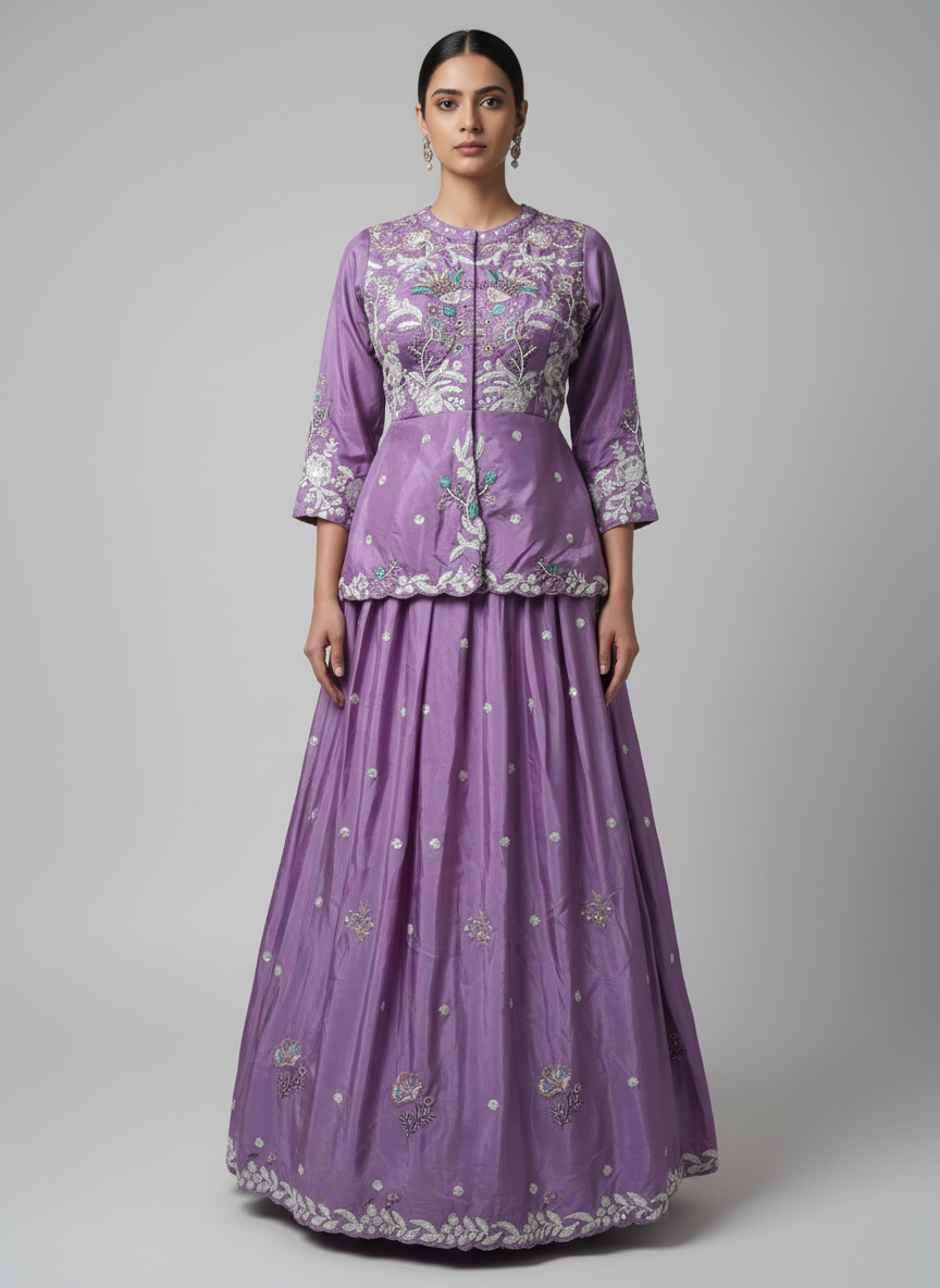 Women's Embroidered Purple Kurta Skirt Set
