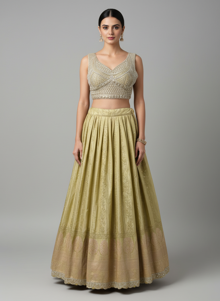 Women's Embellished Olive Green Lehenga Choli Set