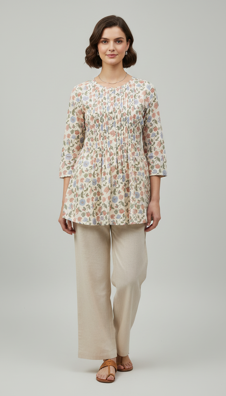 Women's Floral Printed Pintuck Tunic Top
