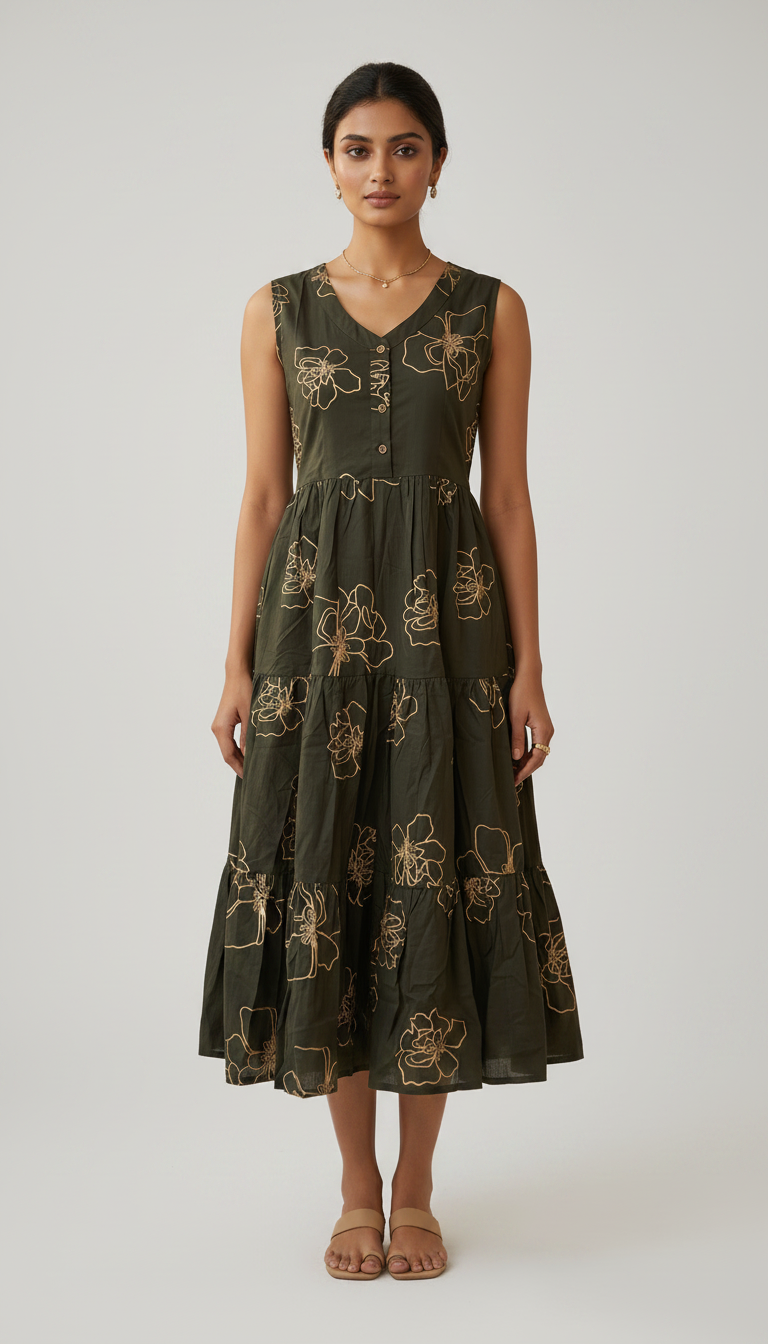 Women's Olive Green Floral Tiered Midi Dress