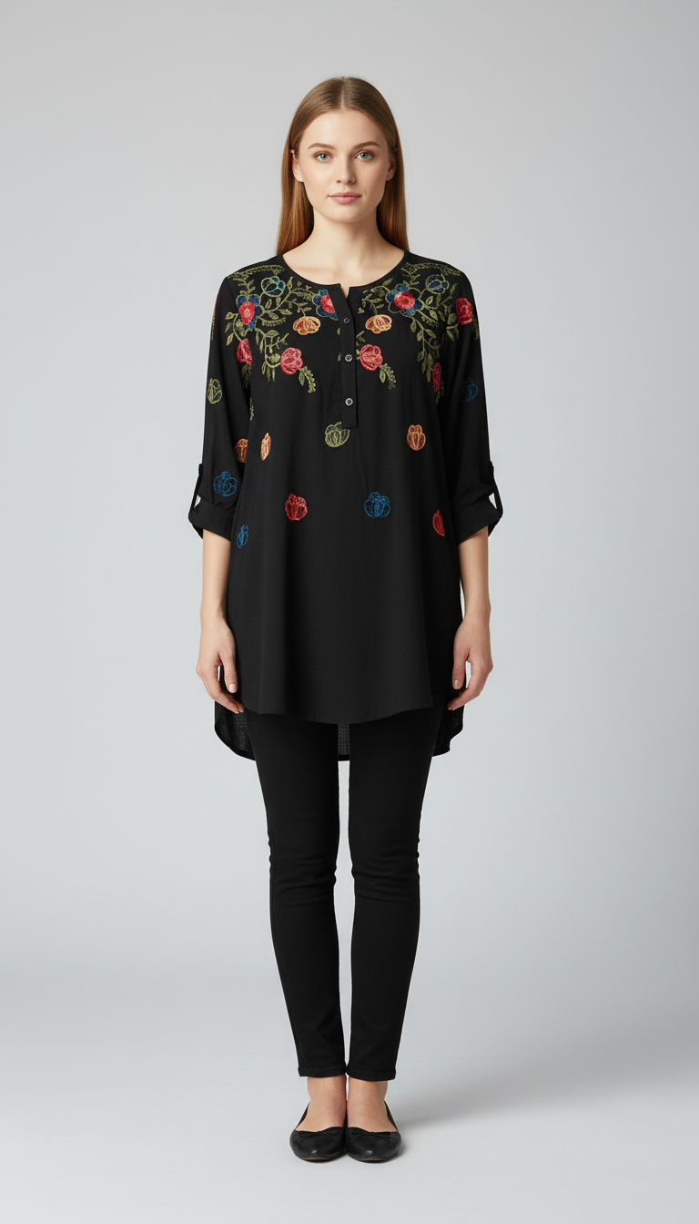 Women's Black Embroidered Floral Short Sleeve Top