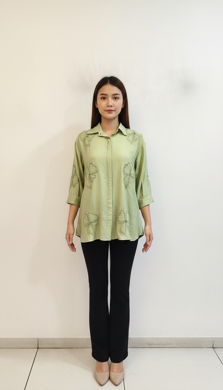 Women's Light Green Embroidered Butterfly Blouse