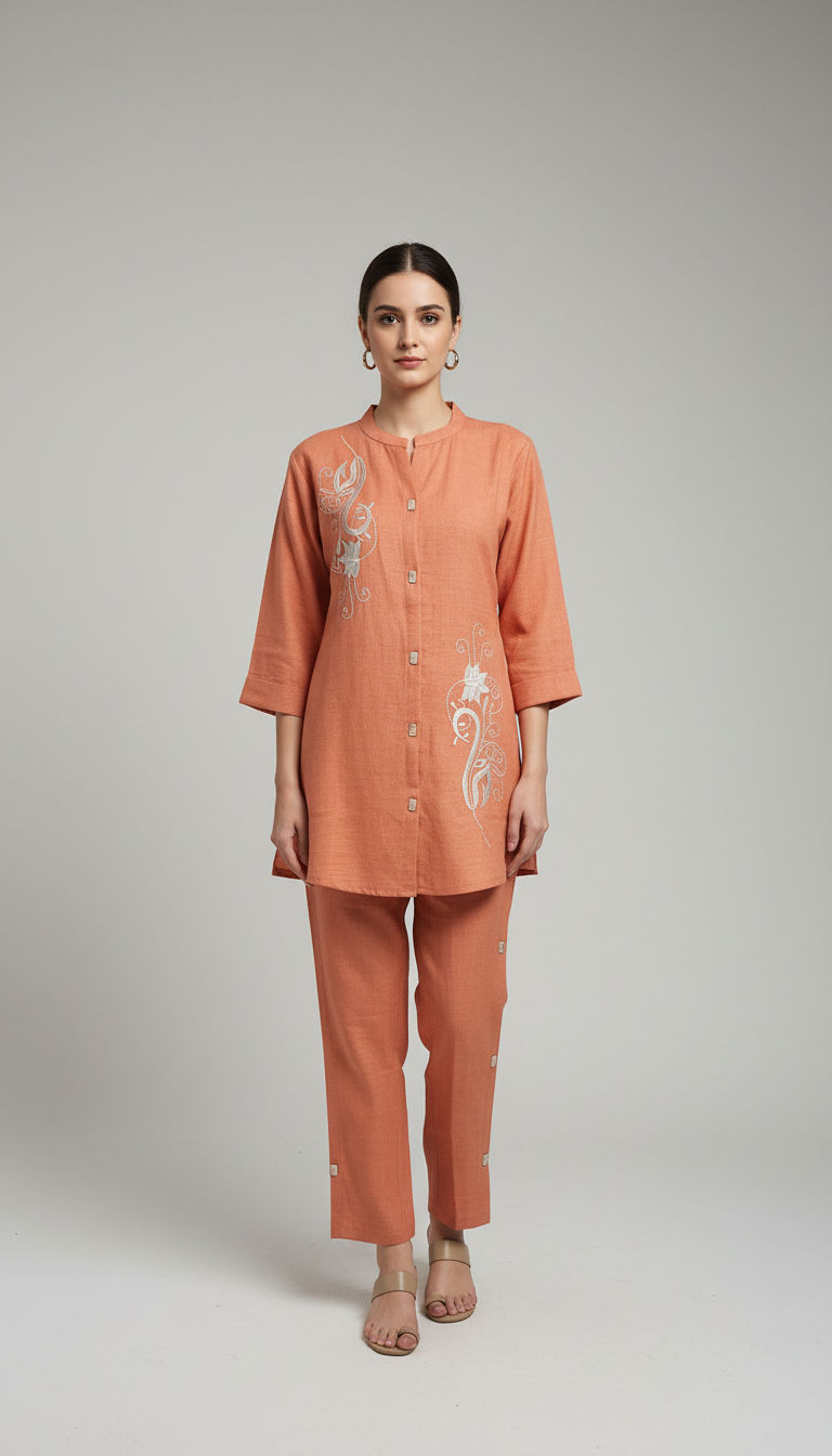 Women's Embroidered Orange Co-ord Set