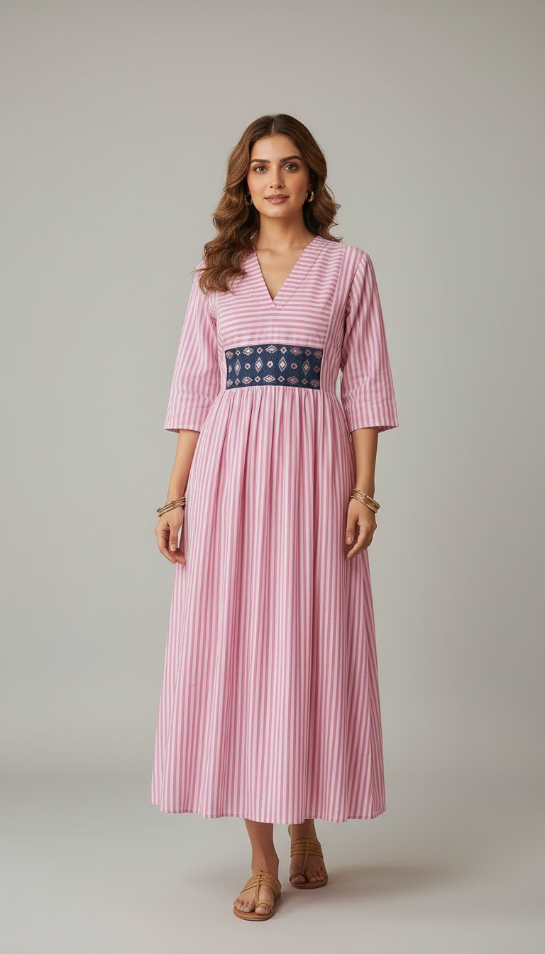 Women's Pink Striped V-Neck Maxi Dress with Embellished Waist