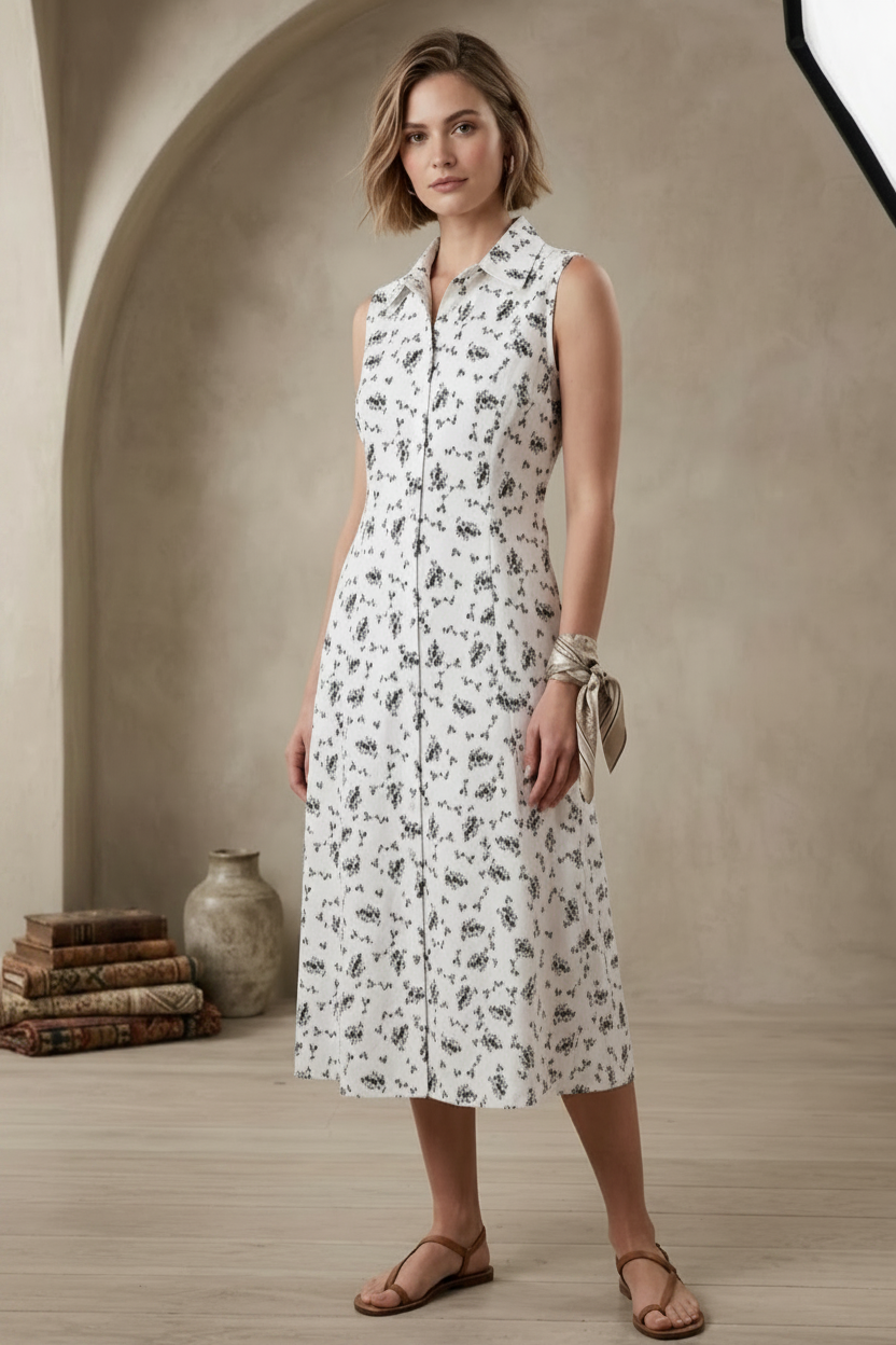 Women's Sleeveless Floral Button-Down Midi Dress