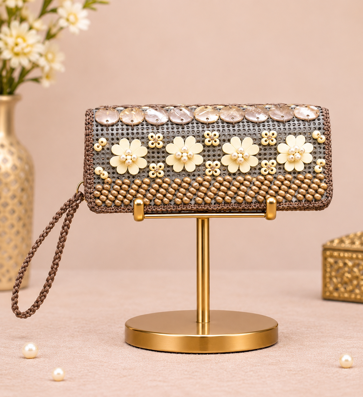Beaded Floral Clutch Wallet with Wrist Strap pouch