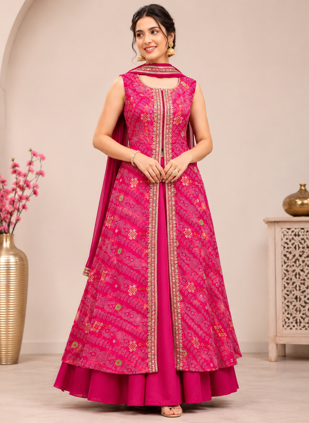 Women's Fuchsia Pink Bandhani Print Anarkali Gown Set