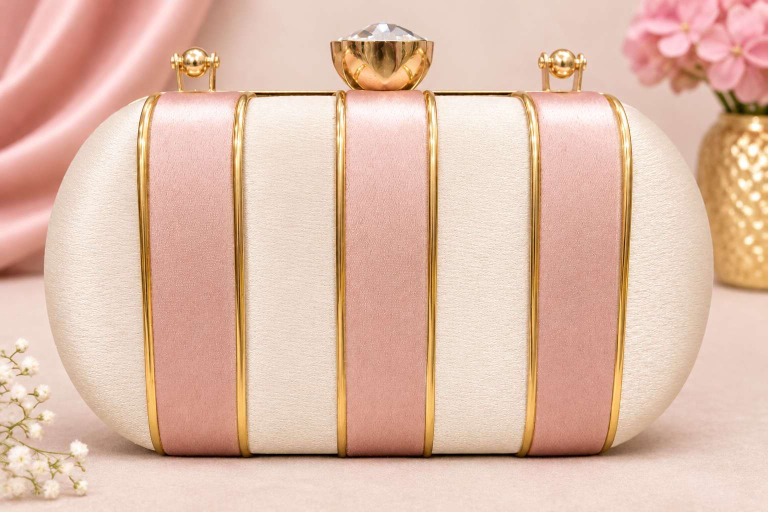 Elegant Striped Clutch Bag with Crystal Clasp