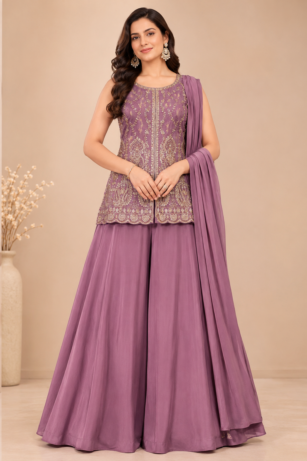 Women's Embroidered Mauve Skirt and Top Set