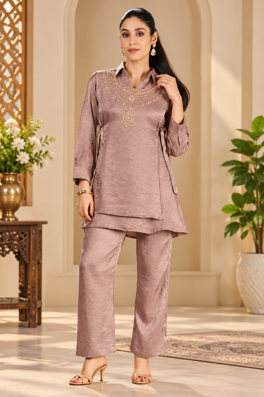 Women's Embellished Mauve Tunic Set