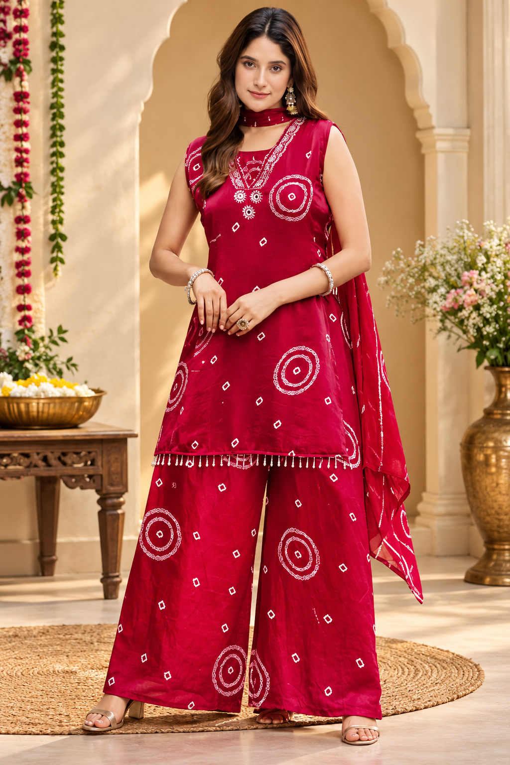 Women's Red Bandhani Print Sleeveless Tunic Top