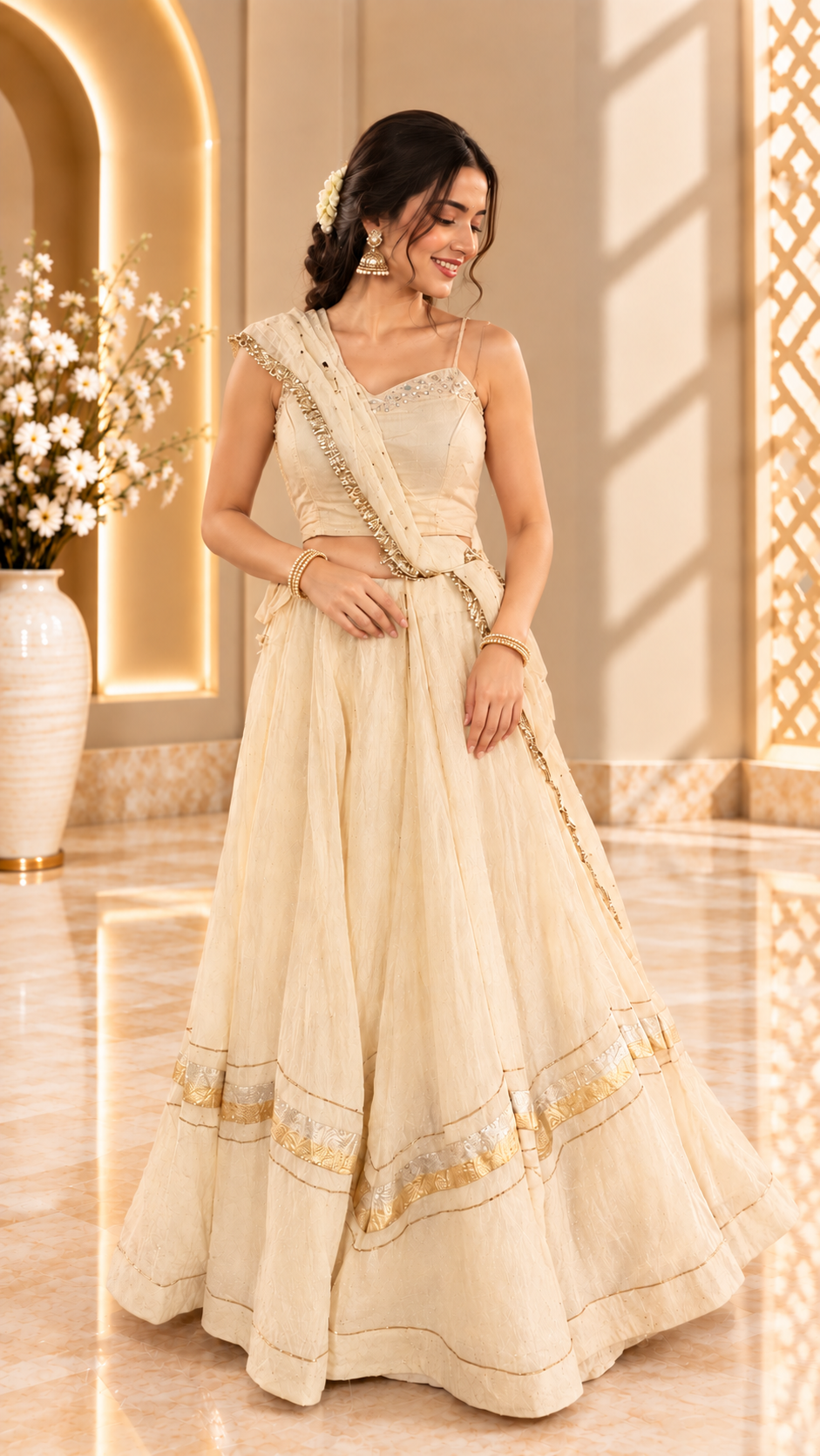Women's Cream Embroidered Chaniya Choli Set