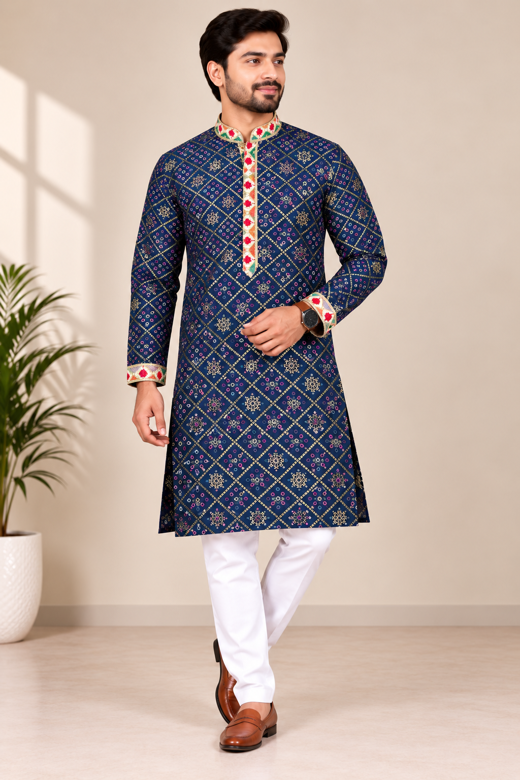 Men's Blue Bandhani Print Kurta with Embroidered Placket