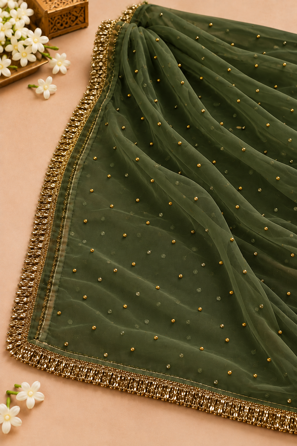Women's Embellished Green Net Dupatta