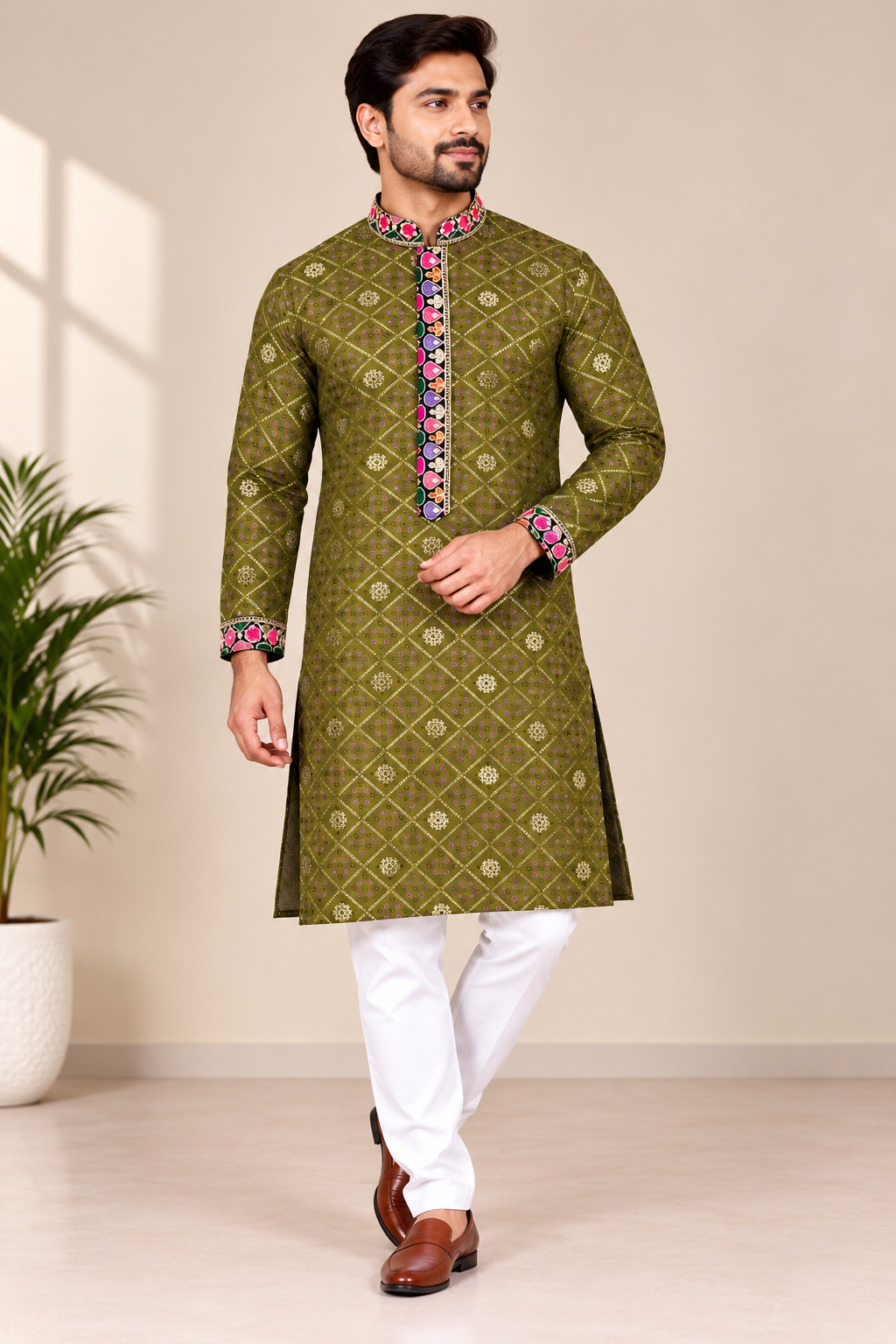 Men's Olive Green Embroidered Kurta