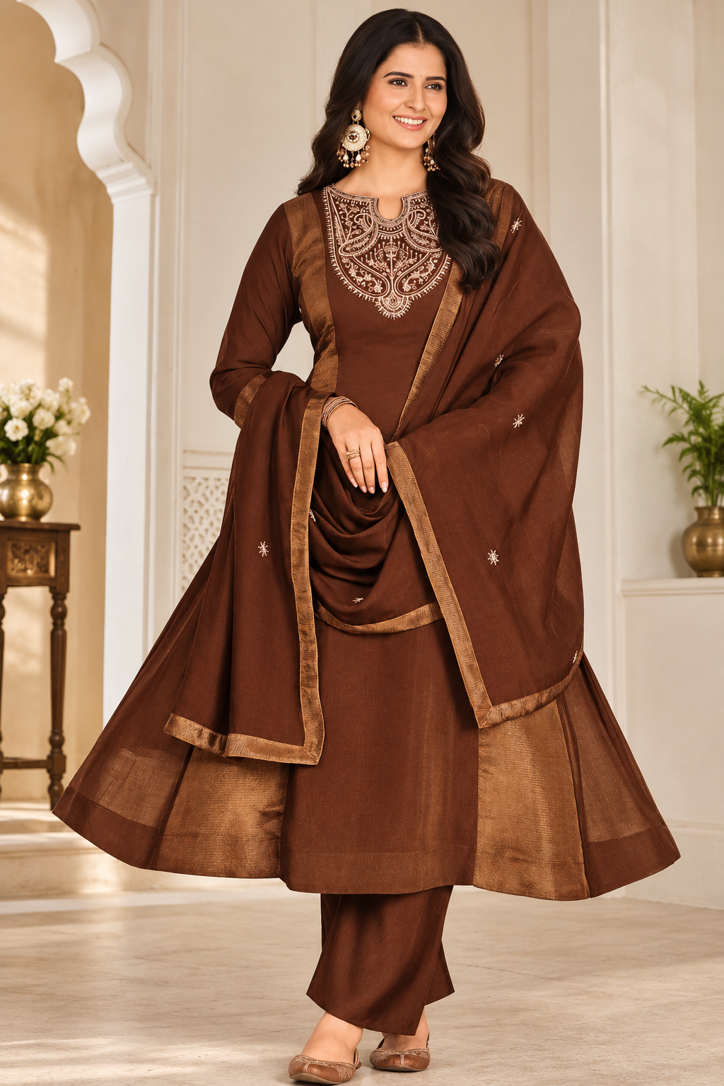 Women's Embroidered Brown Anarkali Suit Set